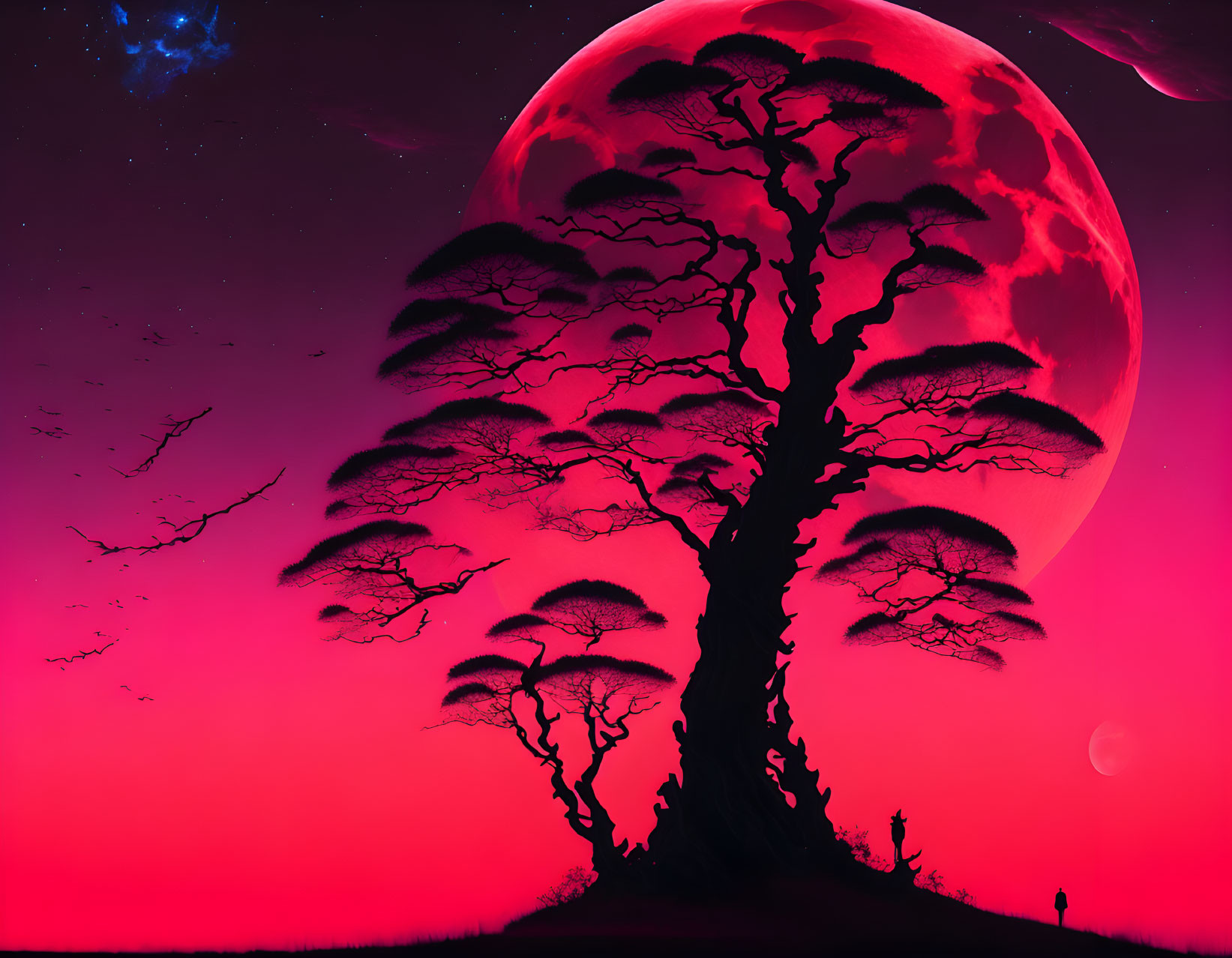 Surreal landscape with giant red moon, silhouetted tree, red sky, smaller moon