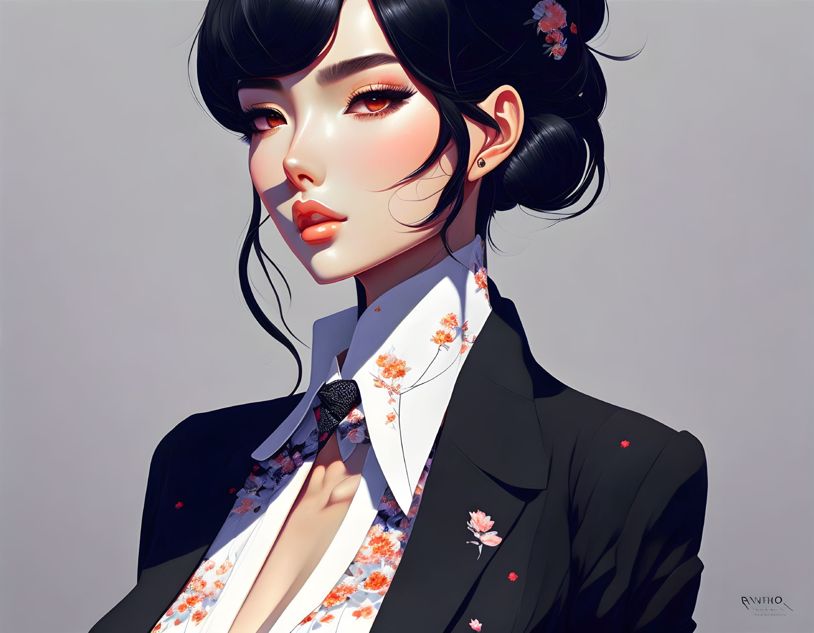 Stylized woman with black hair and floral suit illustration