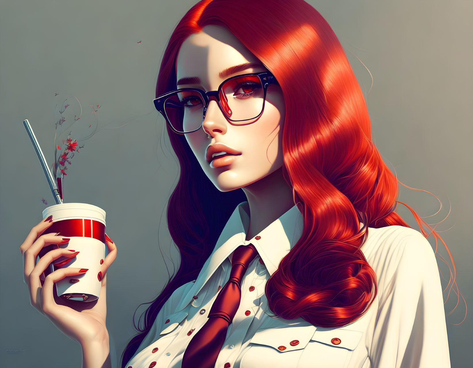 Digital Art: Woman with Red Hair and Glasses Holding Flower Cup