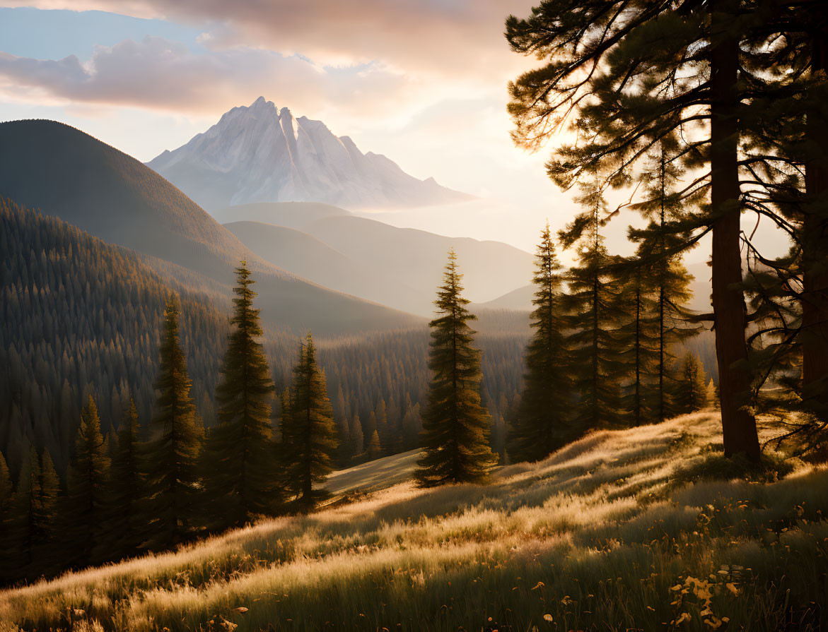 Mountain peak at sunset behind forested valley with pine trees and wildflowers.