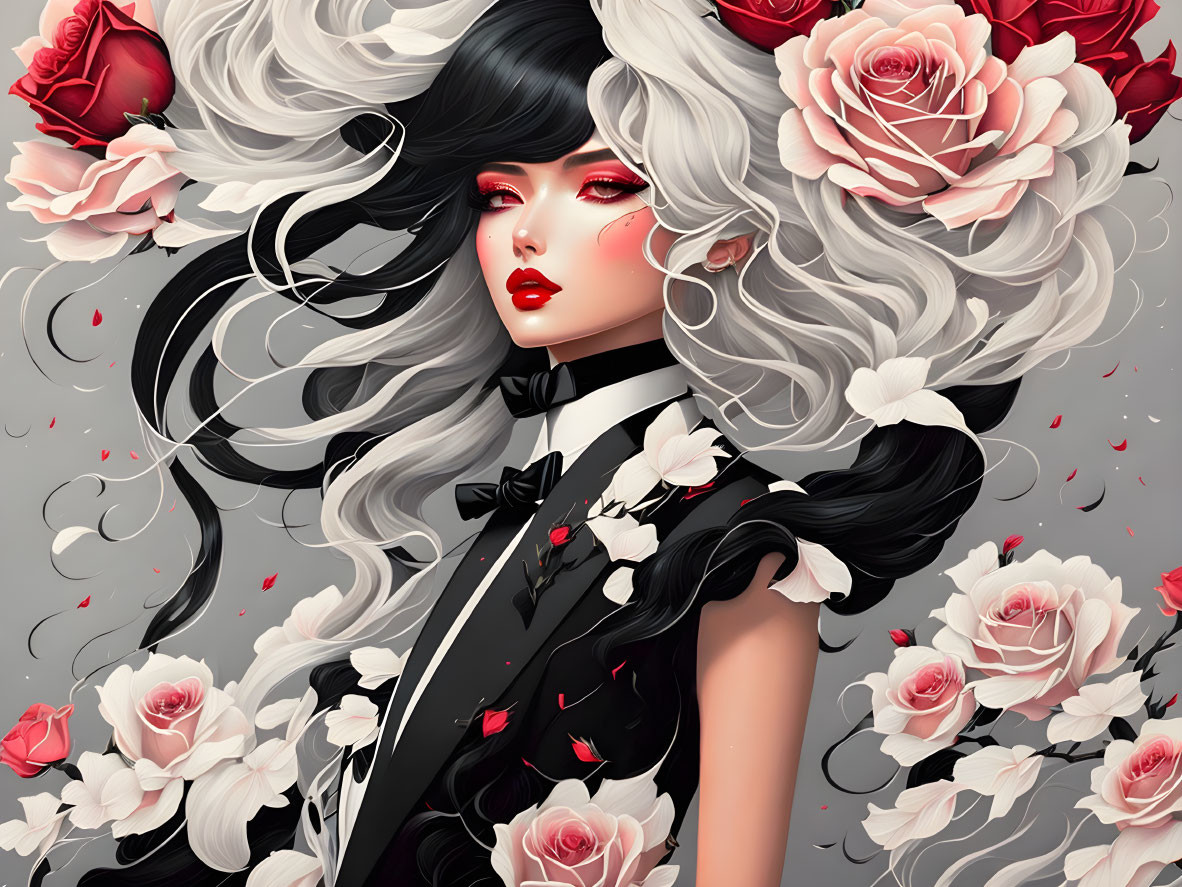 Illustration of woman with white hair and rose-adorned black outfit on gray background