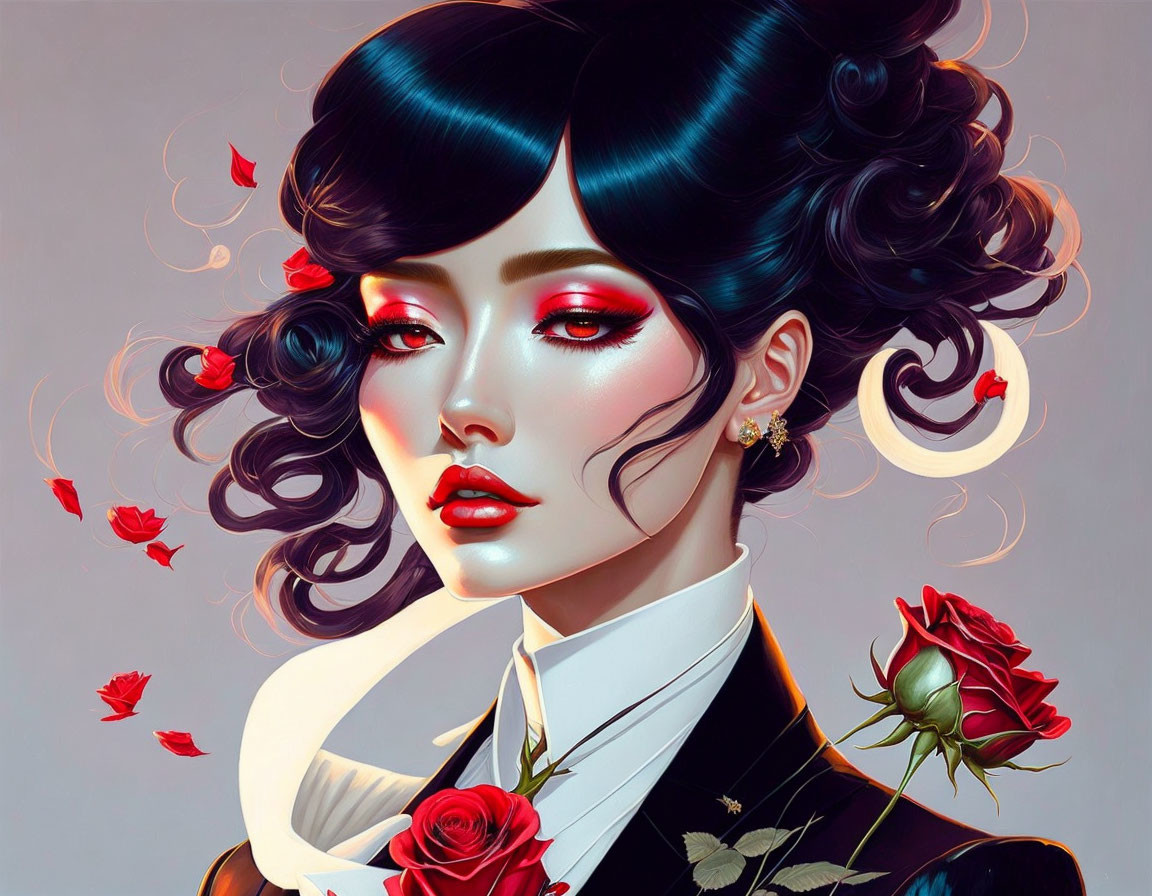 Stylized woman with black hair and red eye makeup in gothic aesthetic