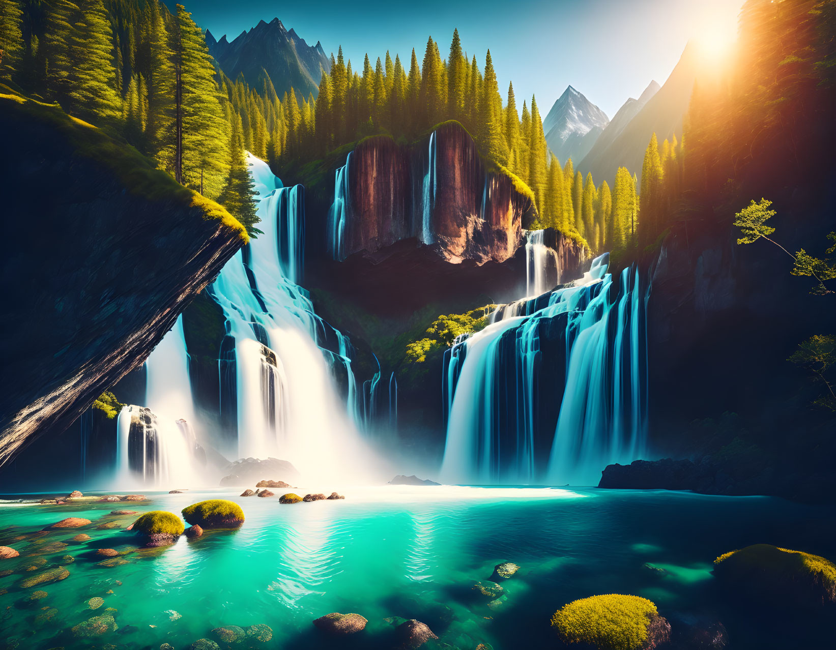 Majestic multiple cascade waterfall in lush forest with sunbeams highlighting turquoise water