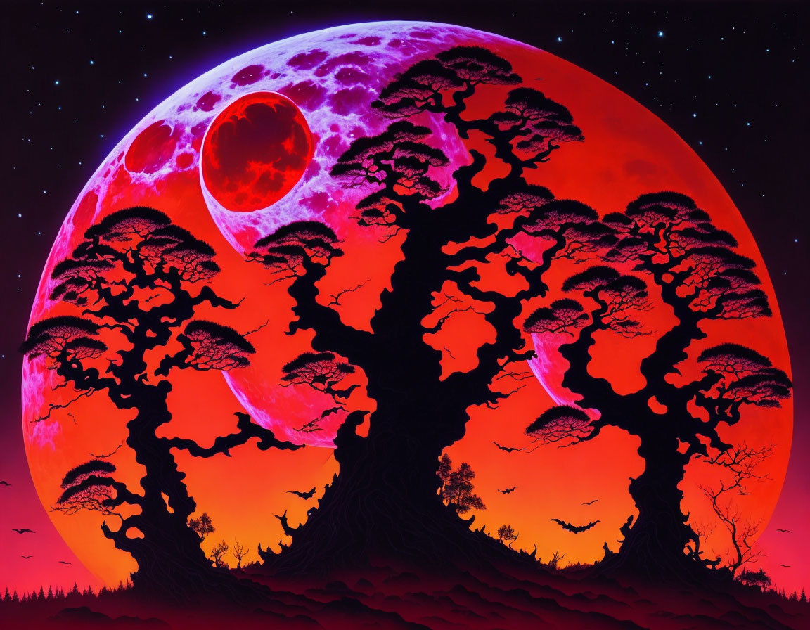 Surreal fiery landscape with purple and red moons and silhouetted trees