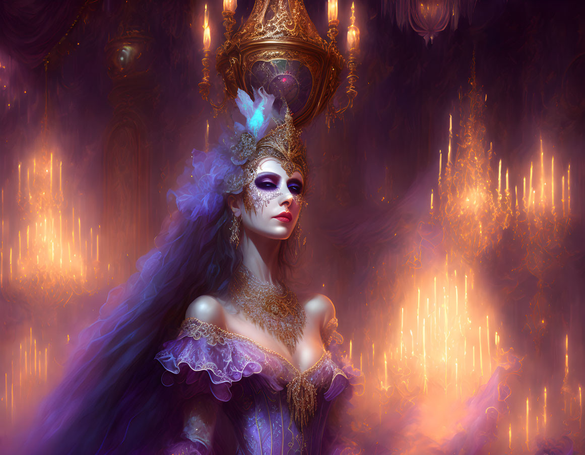 Elegant woman in purple dress with mask and headdress in candlelit setting