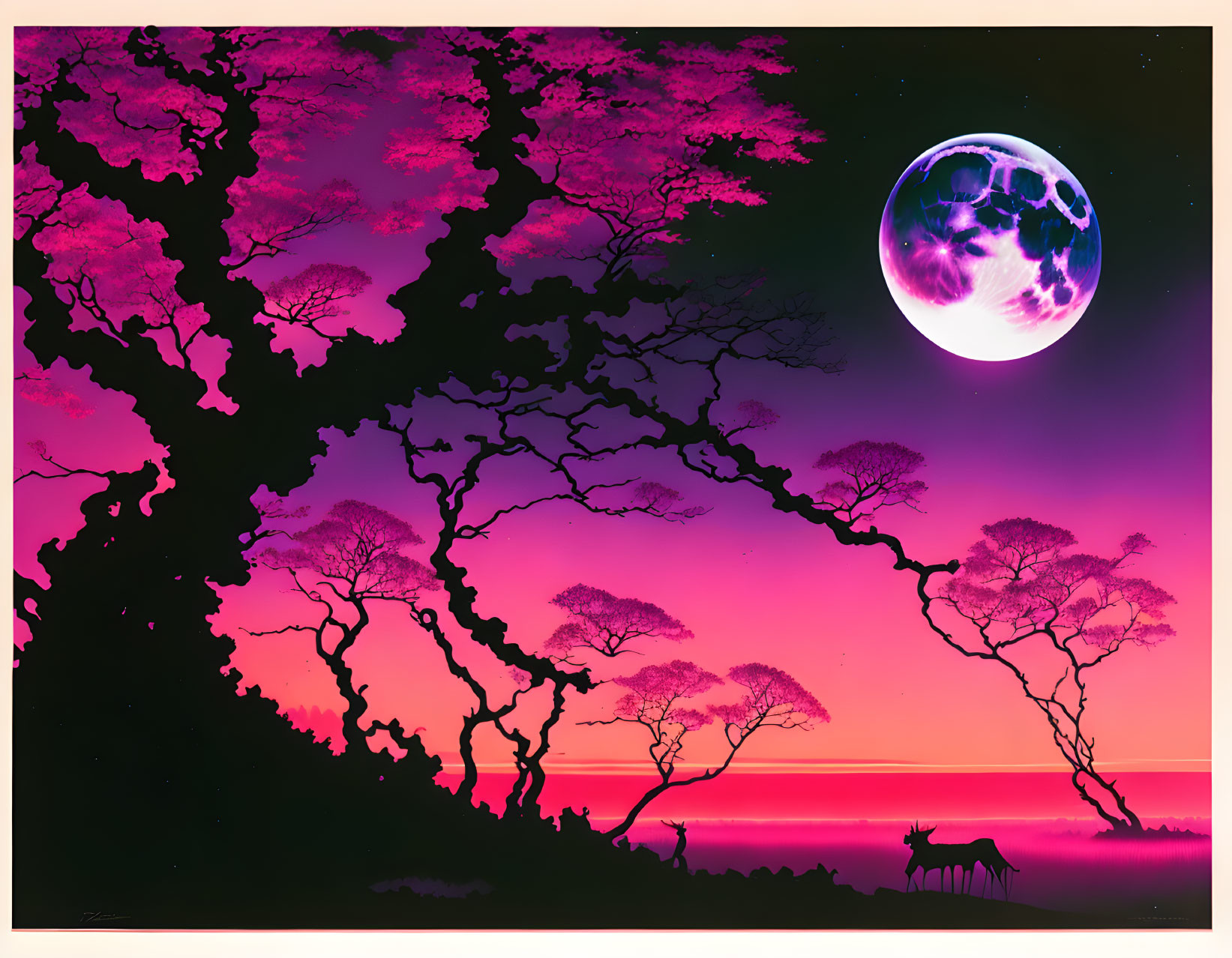 Colorful artwork: silhouetted trees, pink foliage, purple sky, large moon, deer