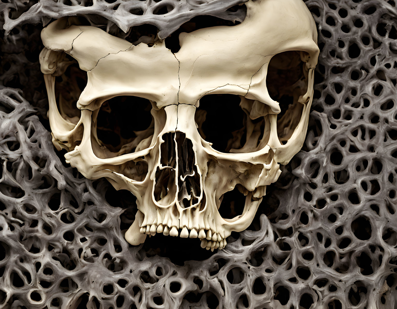 Detailed Human Skull Sculpture on Textured Monochromatic Background