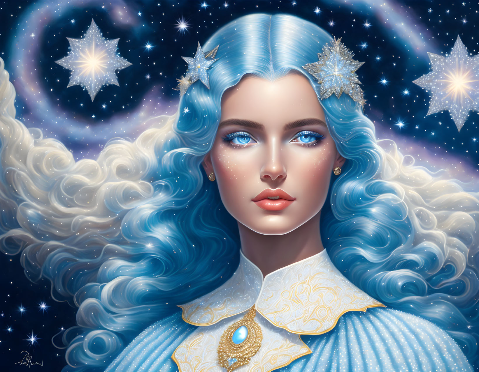 Celestial-themed digital artwork: Woman with blue hair and eyes, surrounded by stars