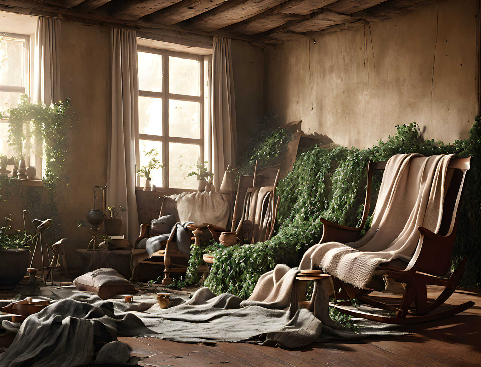 Rustic room with rocking chairs, plants, pottery, warm sunlight