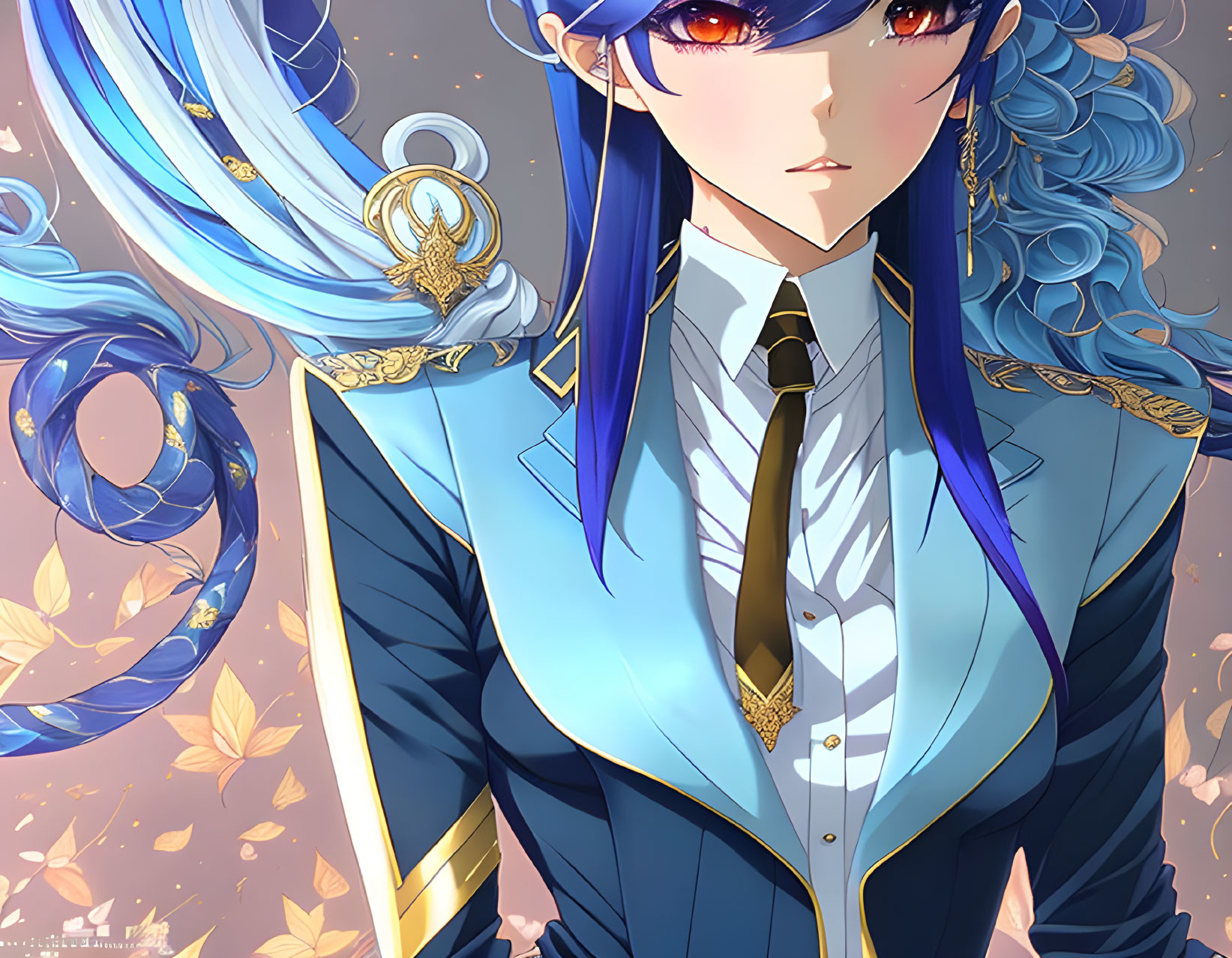 Character with Long Blue Hair in Blue Military Uniform with Golden Details