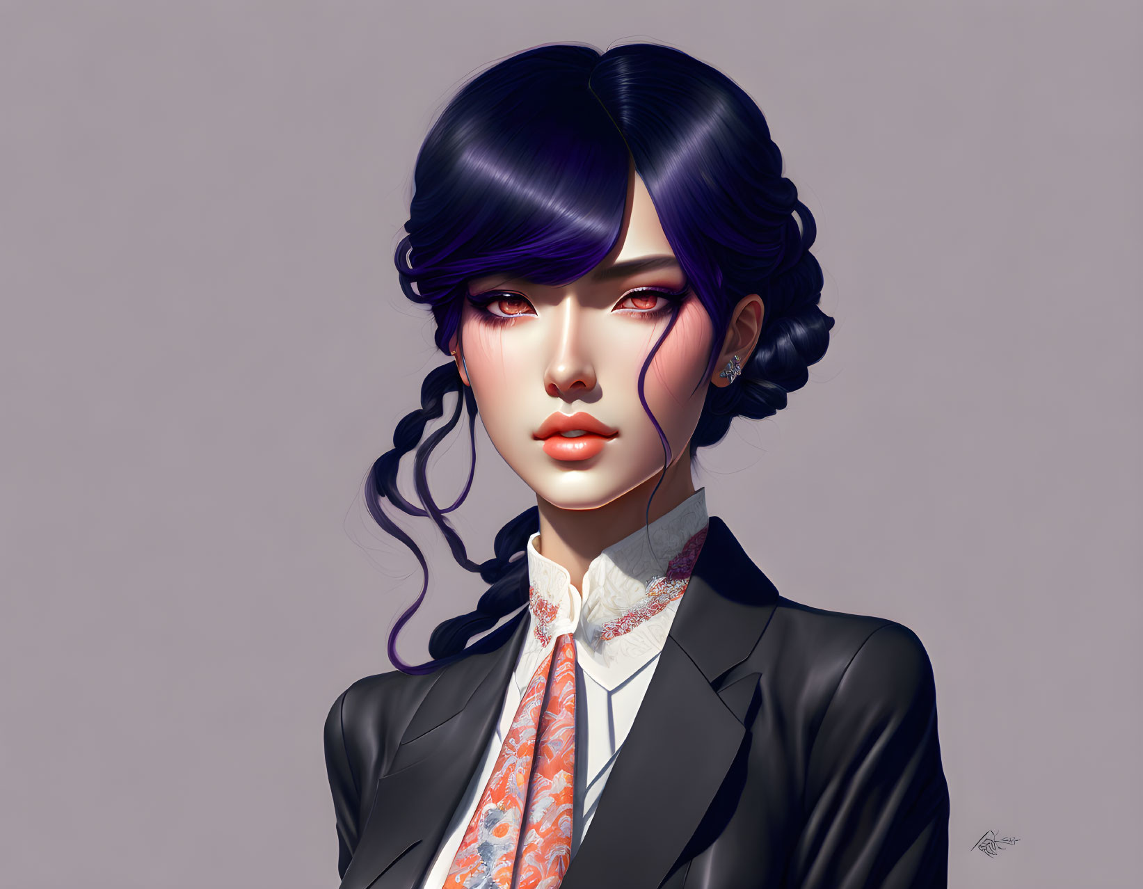 Digital art portrait of woman with dark hair in black suit and floral ascot.