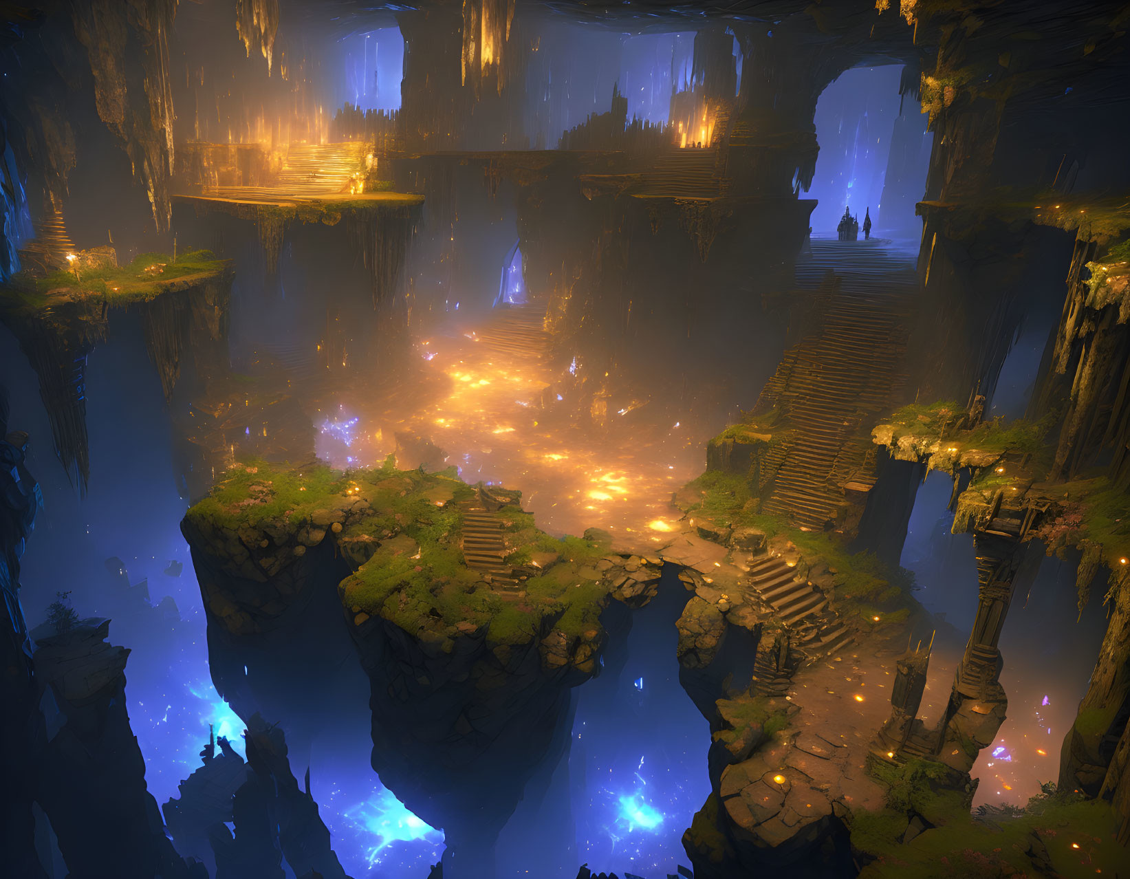 Mystical subterranean cavern with glowing lights, towering rocks, and cascading waterfalls