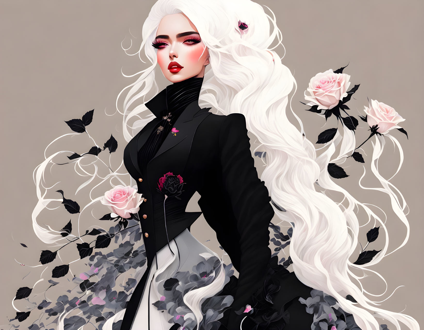 Illustrated woman with long white hair and rose-adorned black dress on neutral background