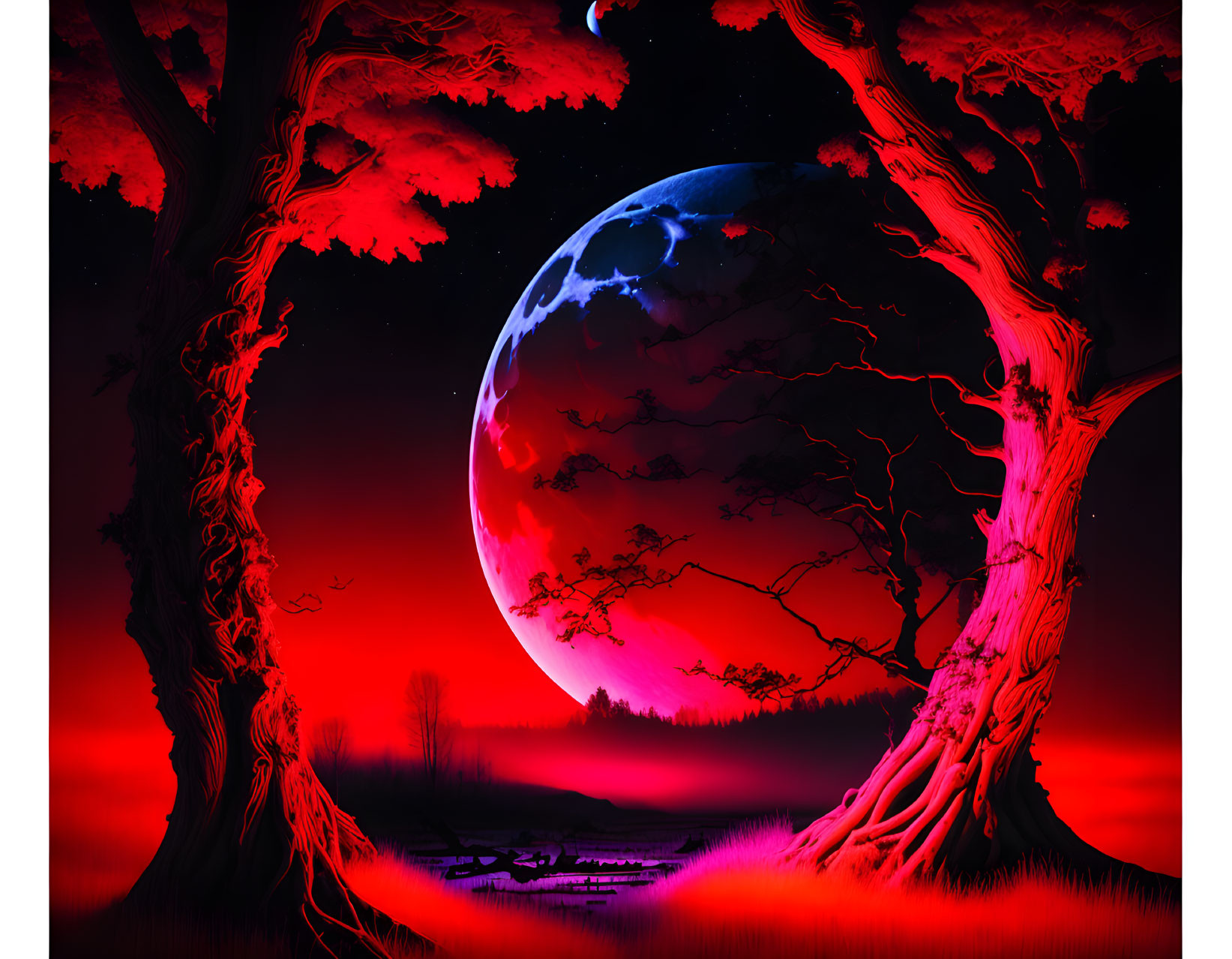 Surreal landscape with red foliage, silhouetted trees, blue planet, starry sky