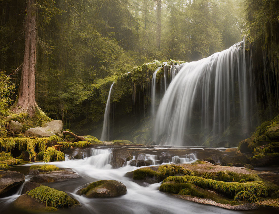 Tranquil waterfall over mossy ledge in lush green forest