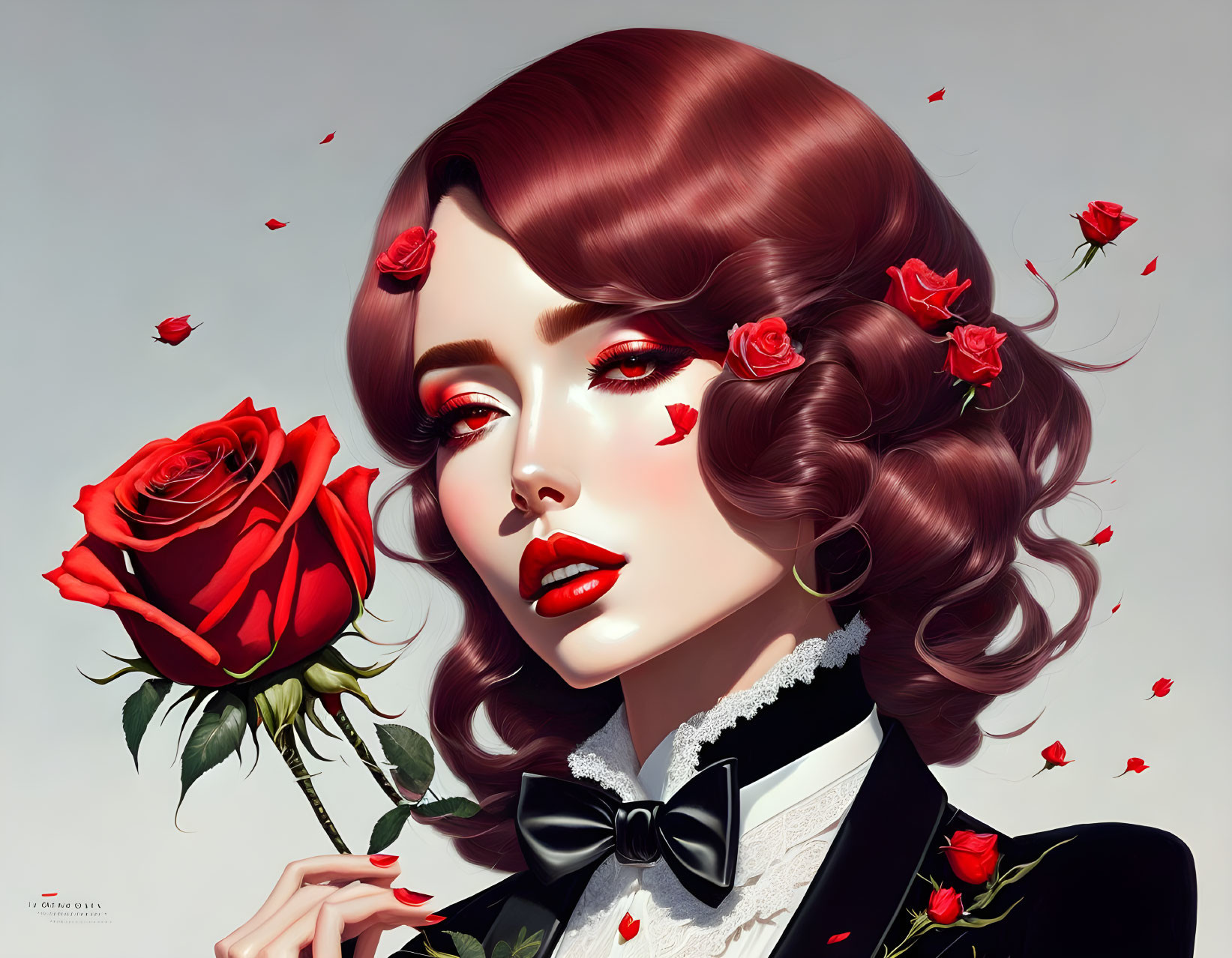 Digital portrait of a woman with roses, elegant and romantic aesthetic