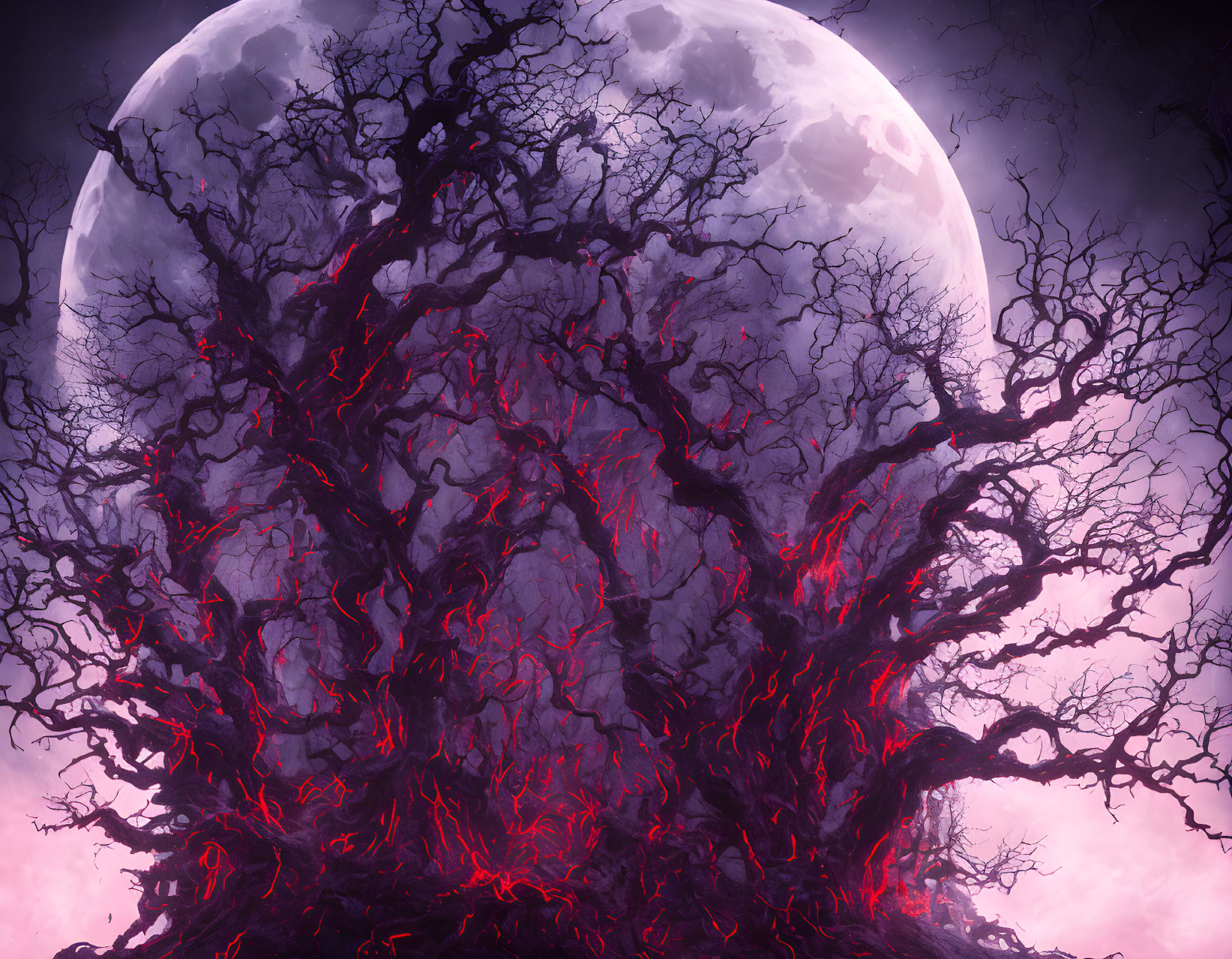 Gnarled tree under full moon in purple sky