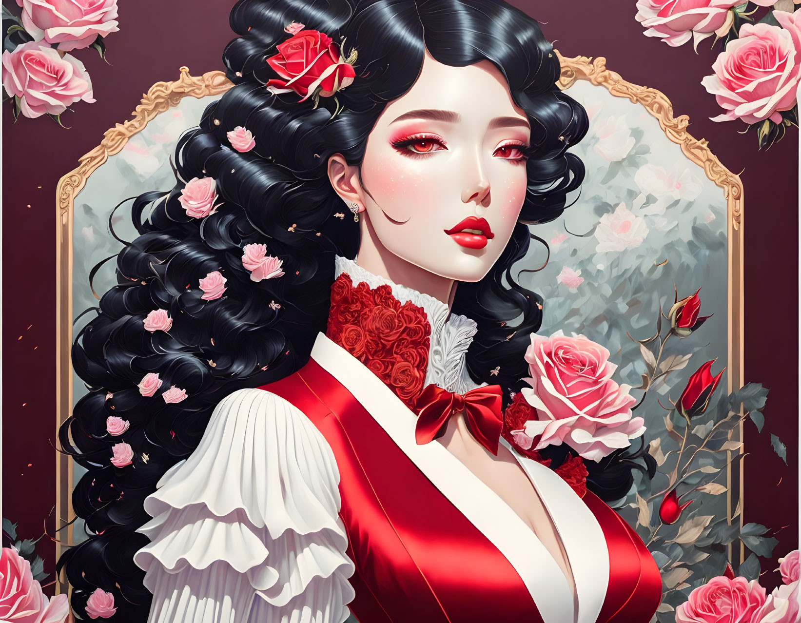 Detailed illustration of woman with black hair and roses, red ribbon, golden frame