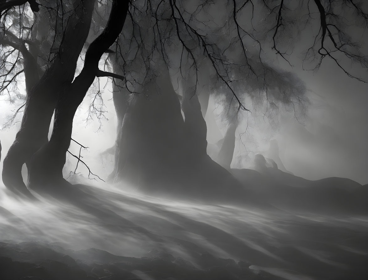 Ethereal monochrome forest with fog and light rays.