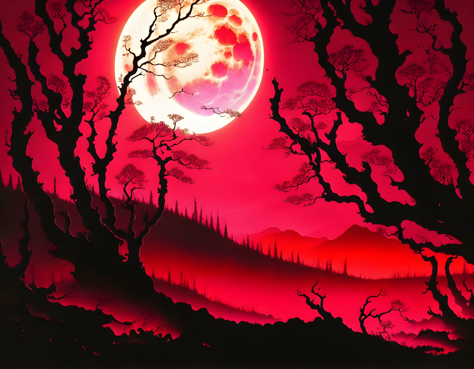 Vivid Red and Black Mystical Landscape with Glowing Moon