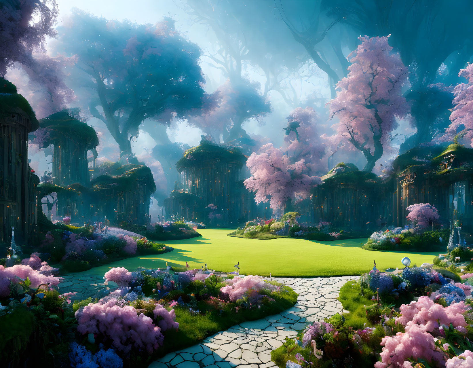 Fantasy landscape with lush green grass, cobblestone path, pink flora, treehouses, and