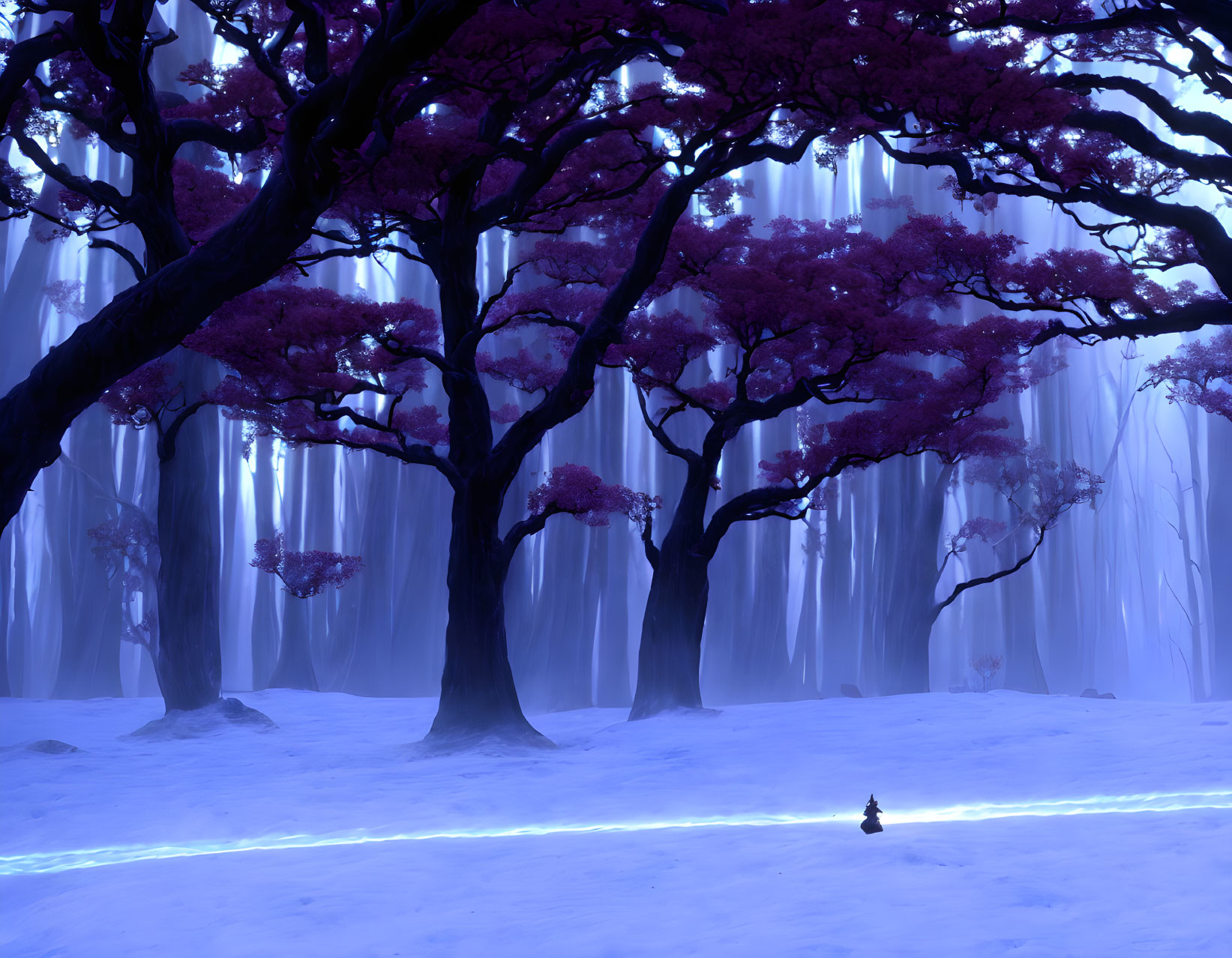 Solitary figure in mystical forest with pink trees and neon blue stream