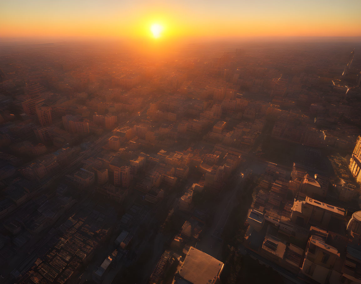 Cityscape at Sunrise with Long Shadows and Low Sun