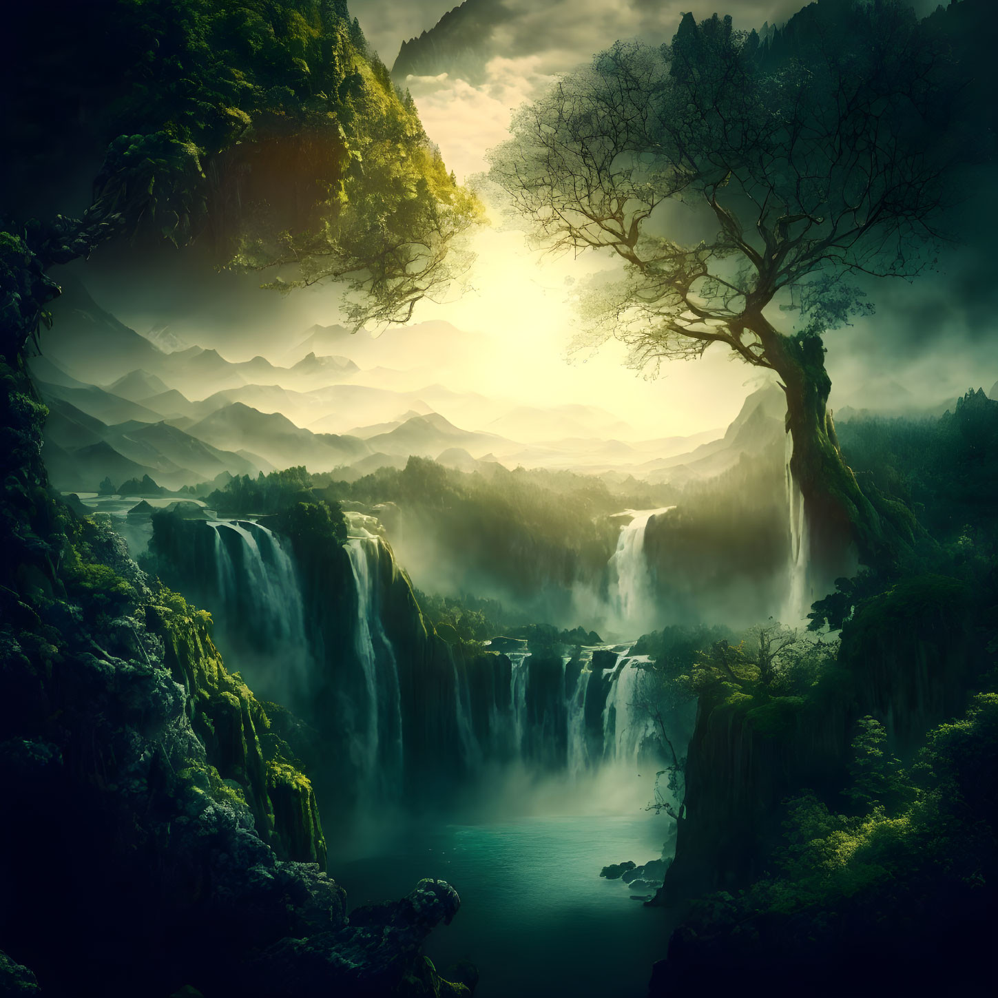 Tranquil lake with waterfalls, cliffs, tree, and misty mountains at sunrise