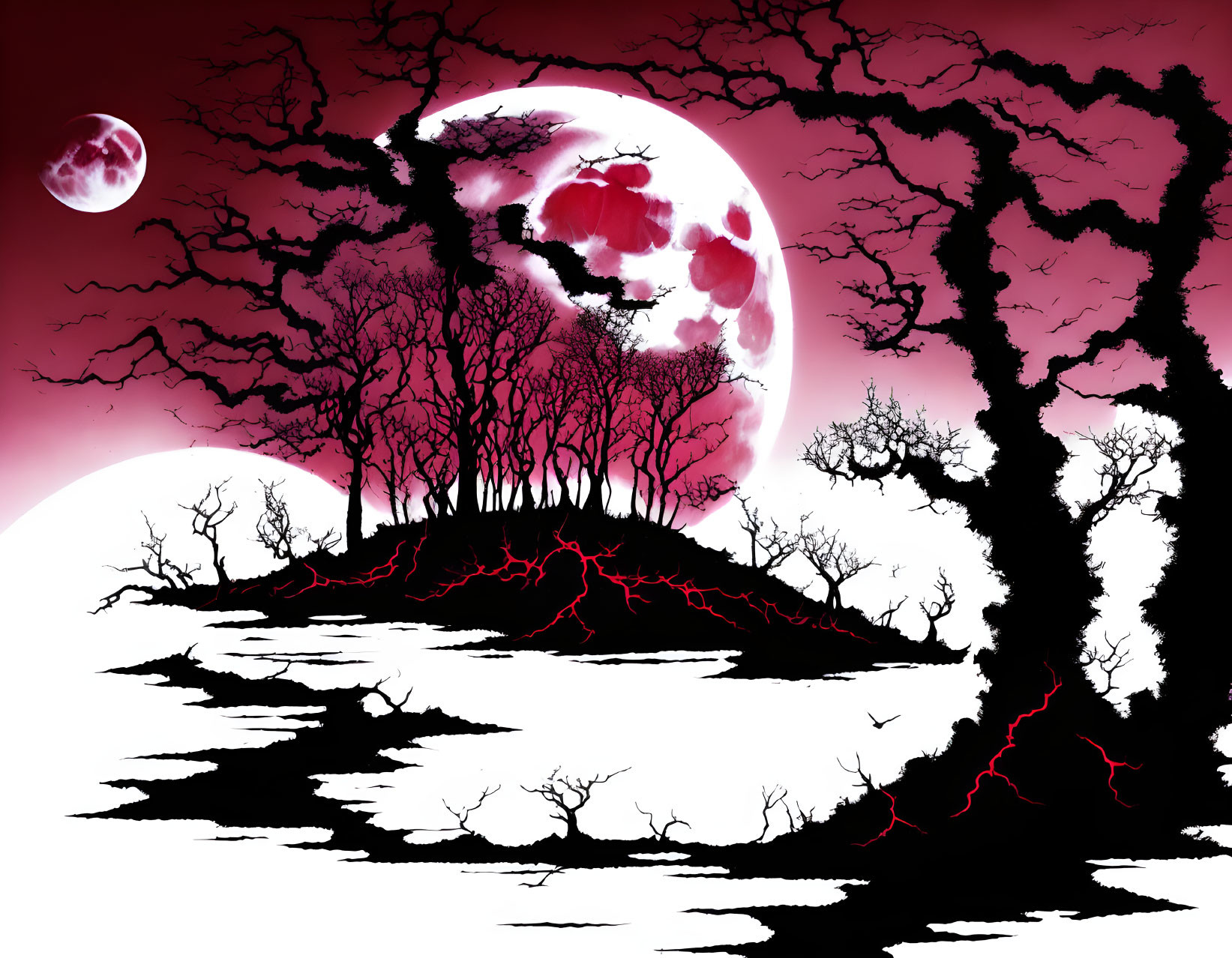 Silhouetted trees under large pink moon in red-black sky