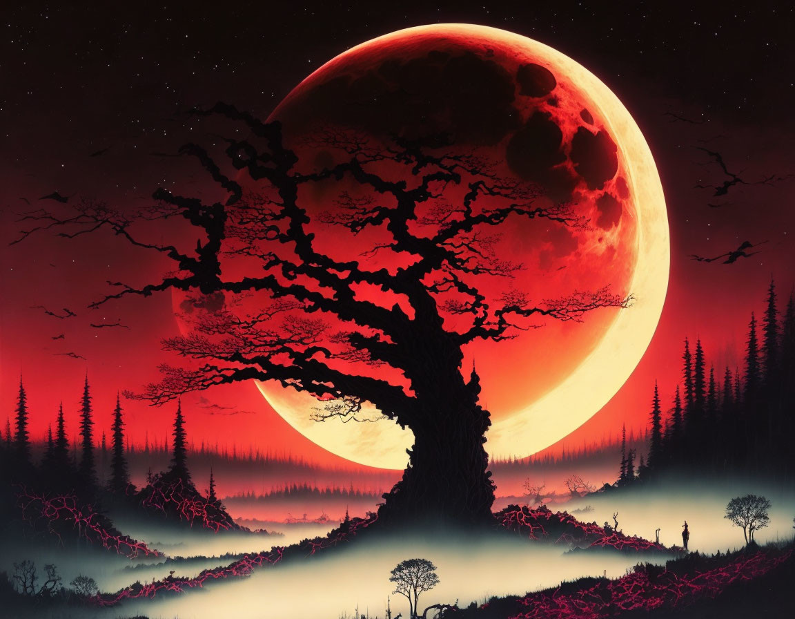 Silhouetted tree against red moon in surreal landscape