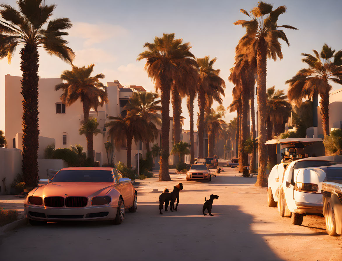 Tranquil sunset scene with palm trees, white buildings, parked cars, and three dogs.