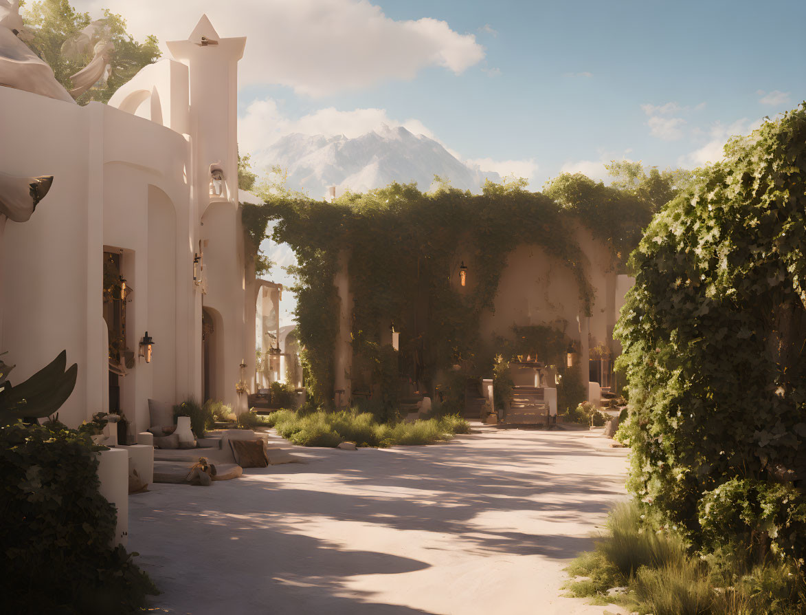 Tranquil courtyard with ivy-covered walls and lanterns, overlooking distant mountains