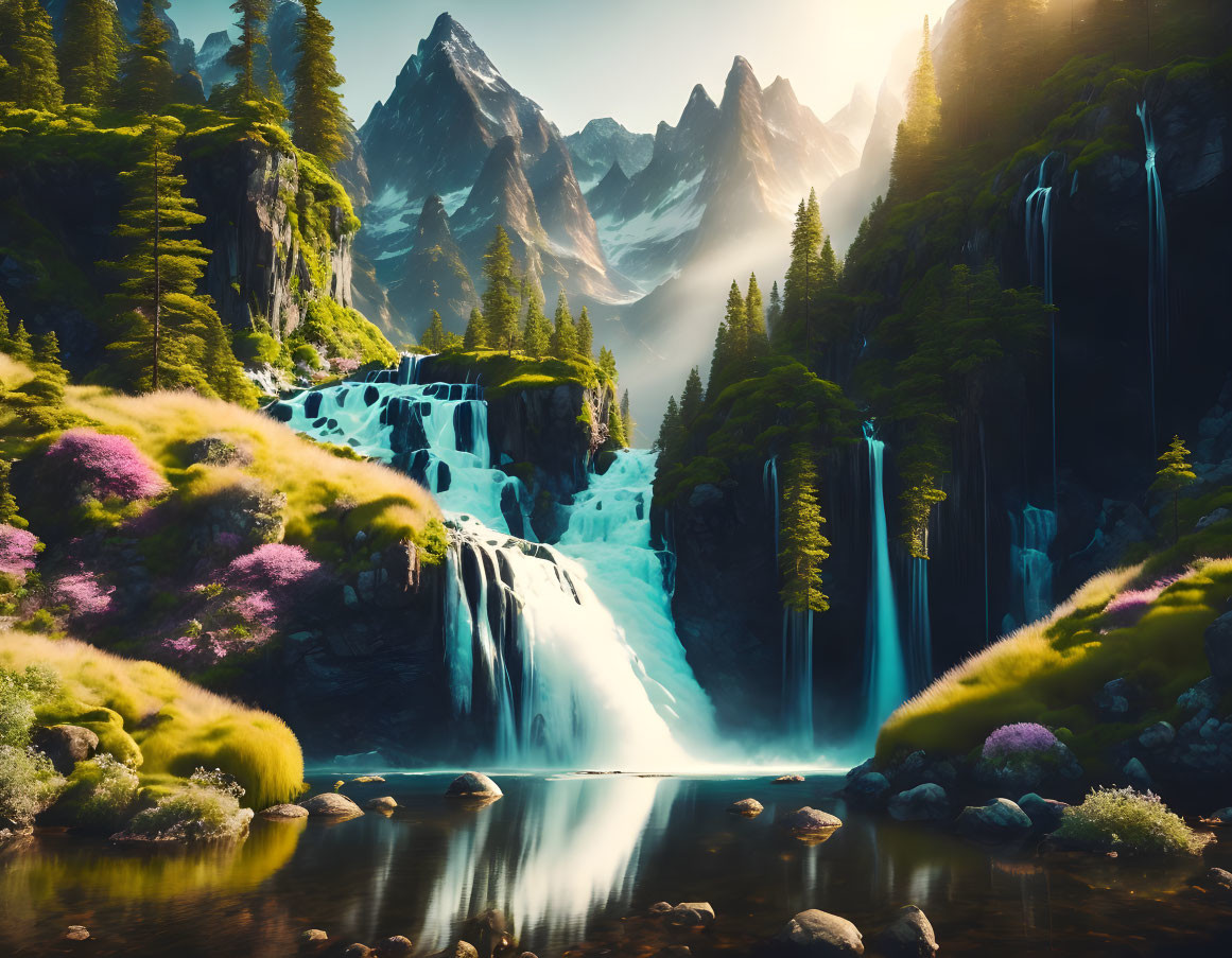 Tranquil landscape with waterfalls, pool, greenery, flowers, and mountains