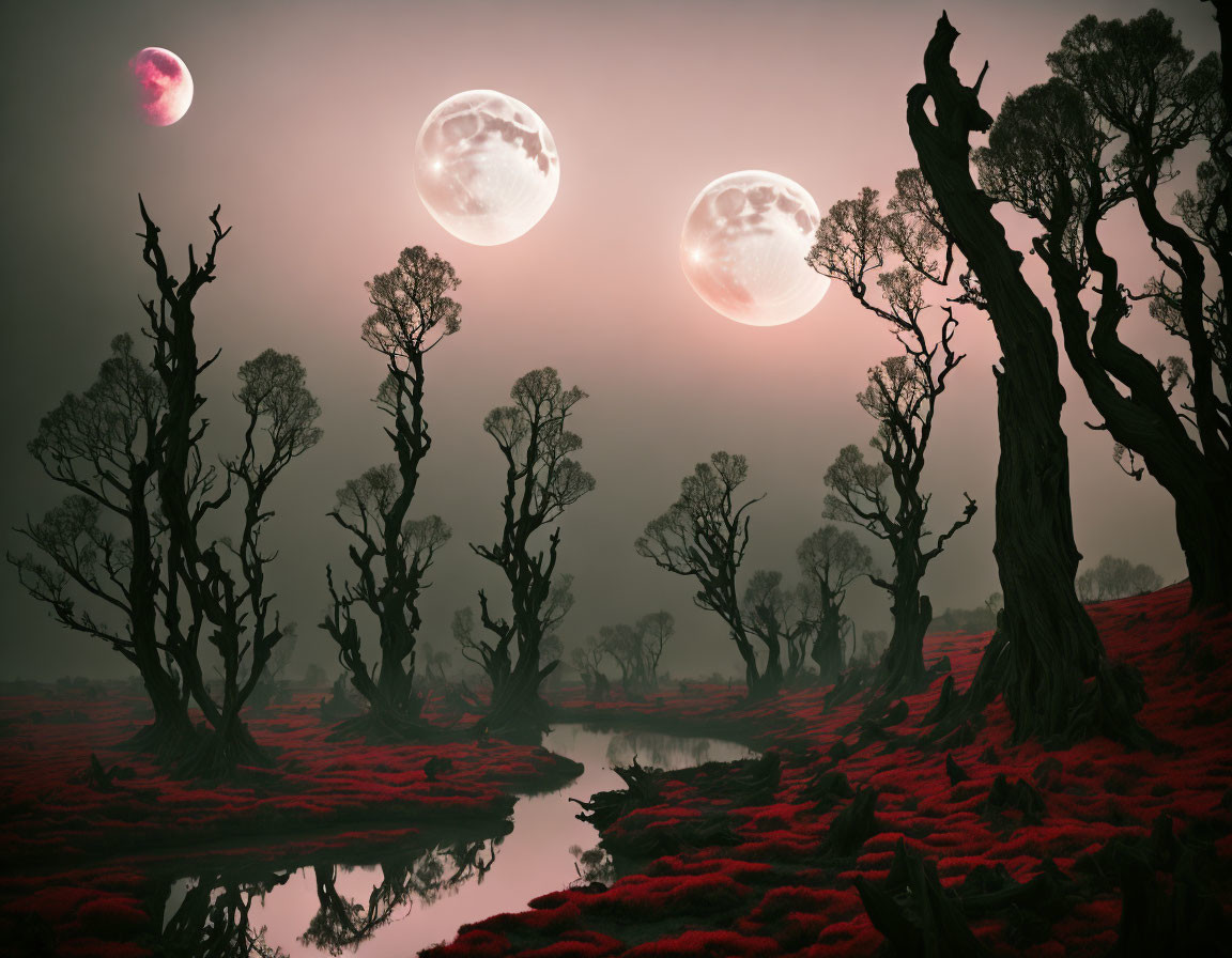 Surreal landscape featuring multiple moons, silhouetted trees, river, and red foliage.