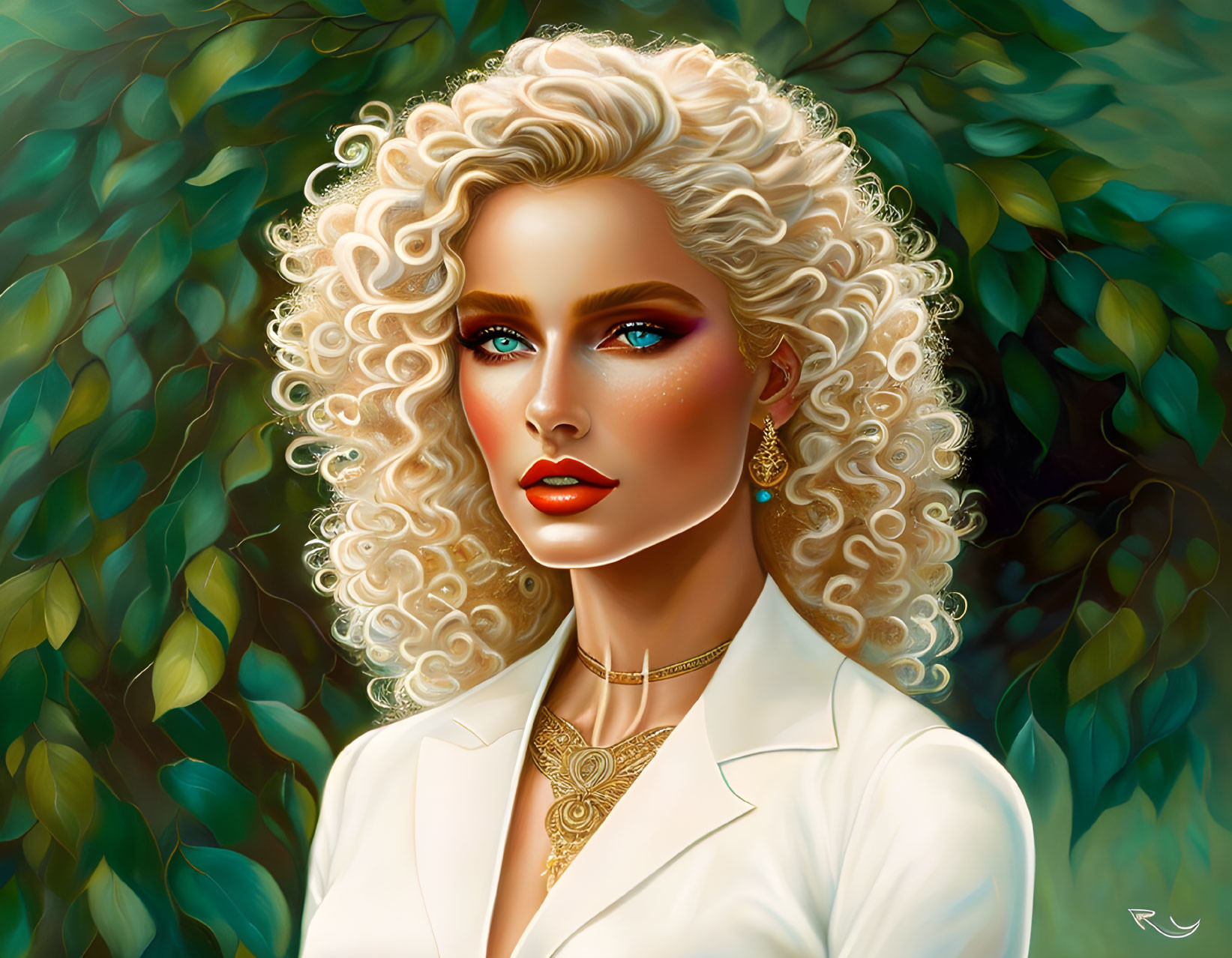 Blonde woman digital art: curly hair, blue eyes, white blazer