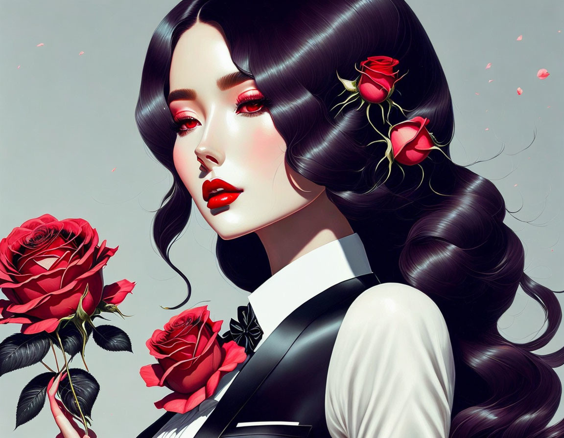 Illustration of woman with dark hair and red roses on light background