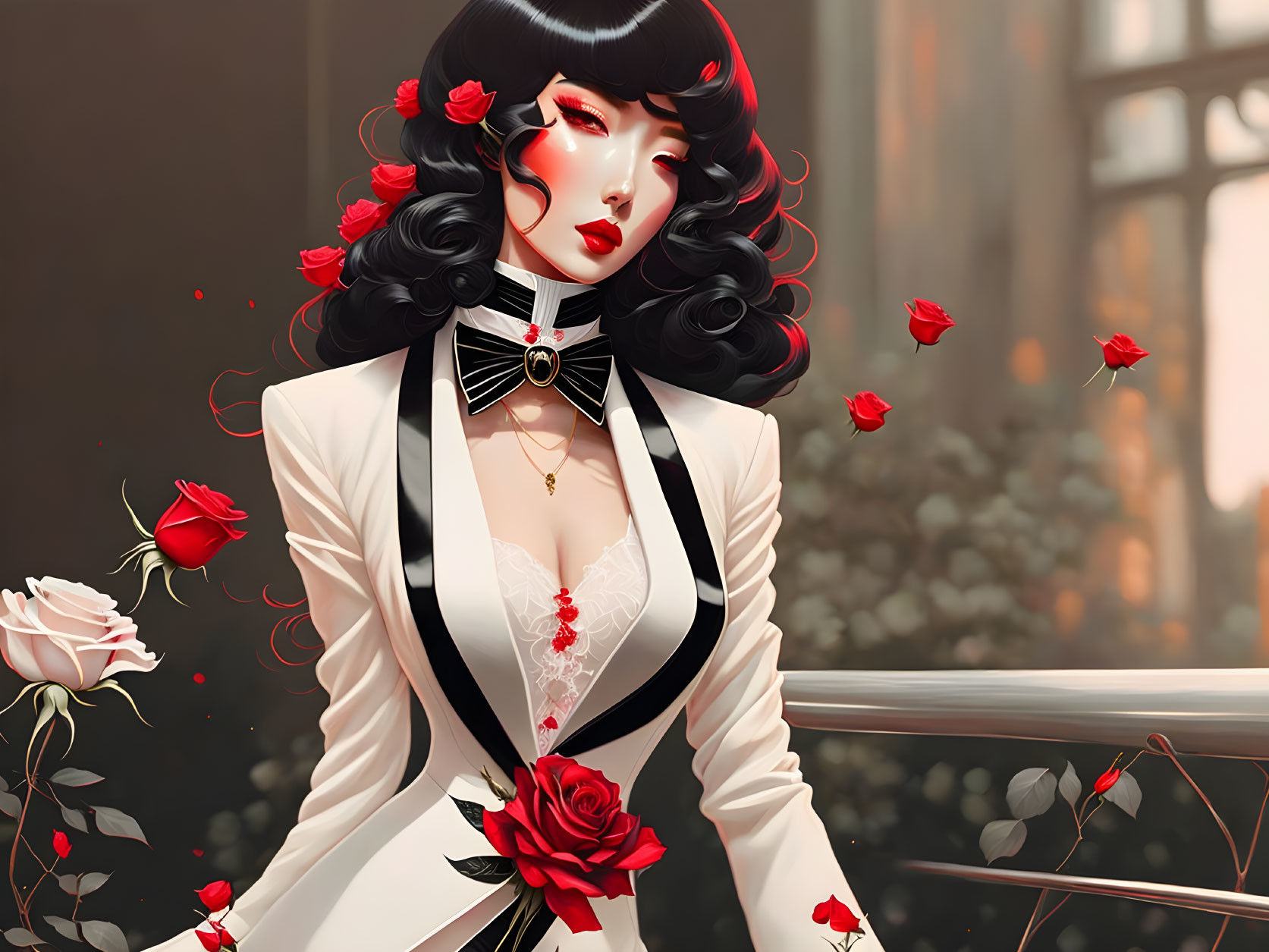 Illustrated character with dark hair, red roses, white outfit, choker, and floating roses.