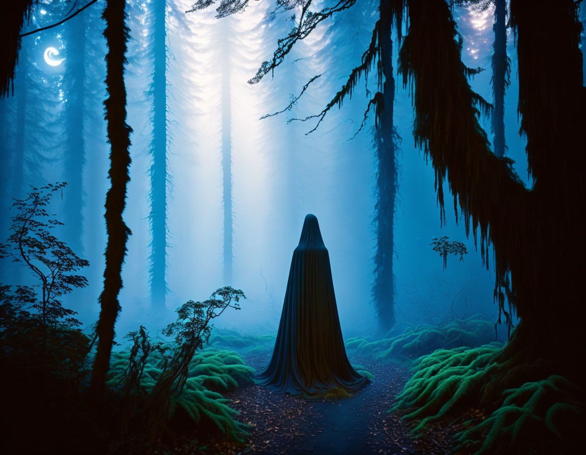 Mysterious figure in cloak on moonlit forest path