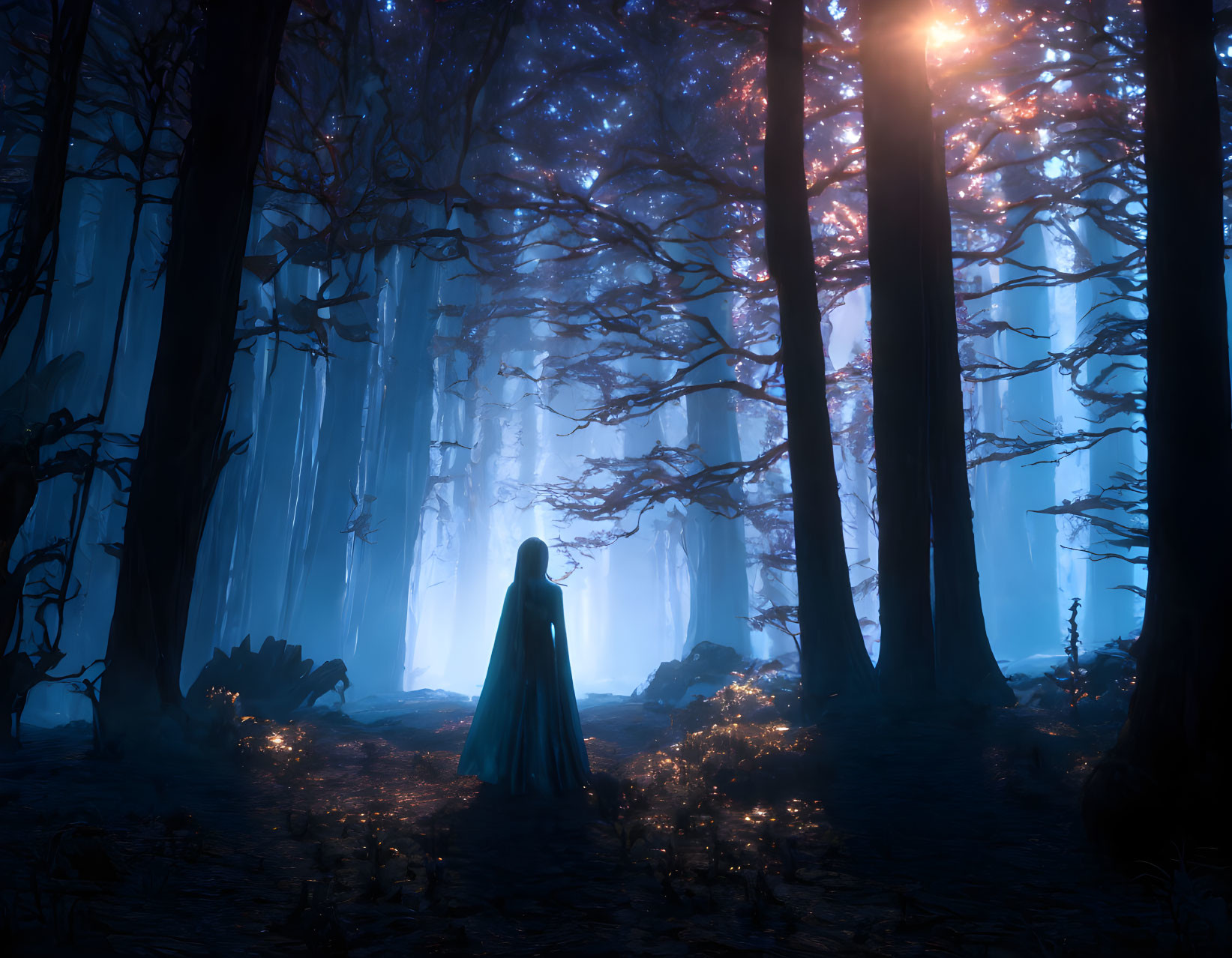 Cloaked figure in mystical blue forest with glowing flowers