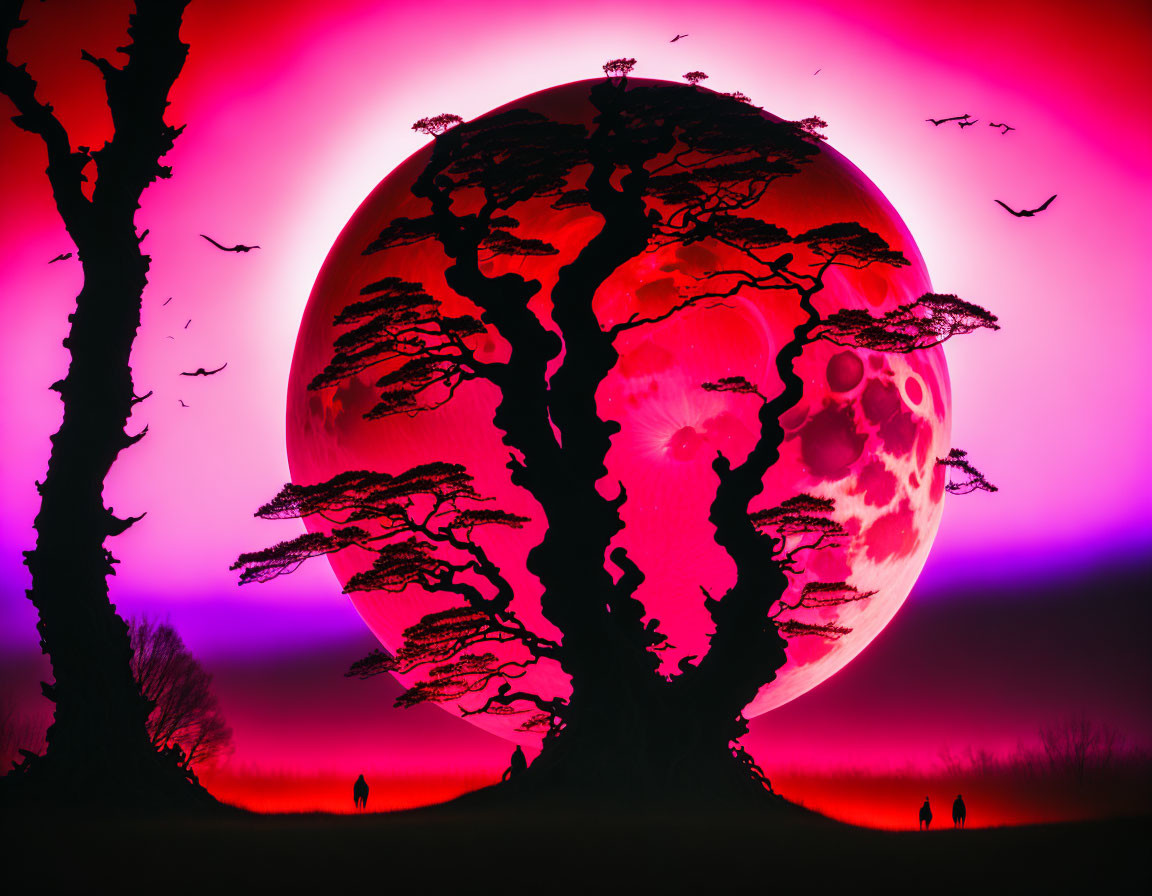 Surreal landscape with silhouetted trees and vivid pink moon