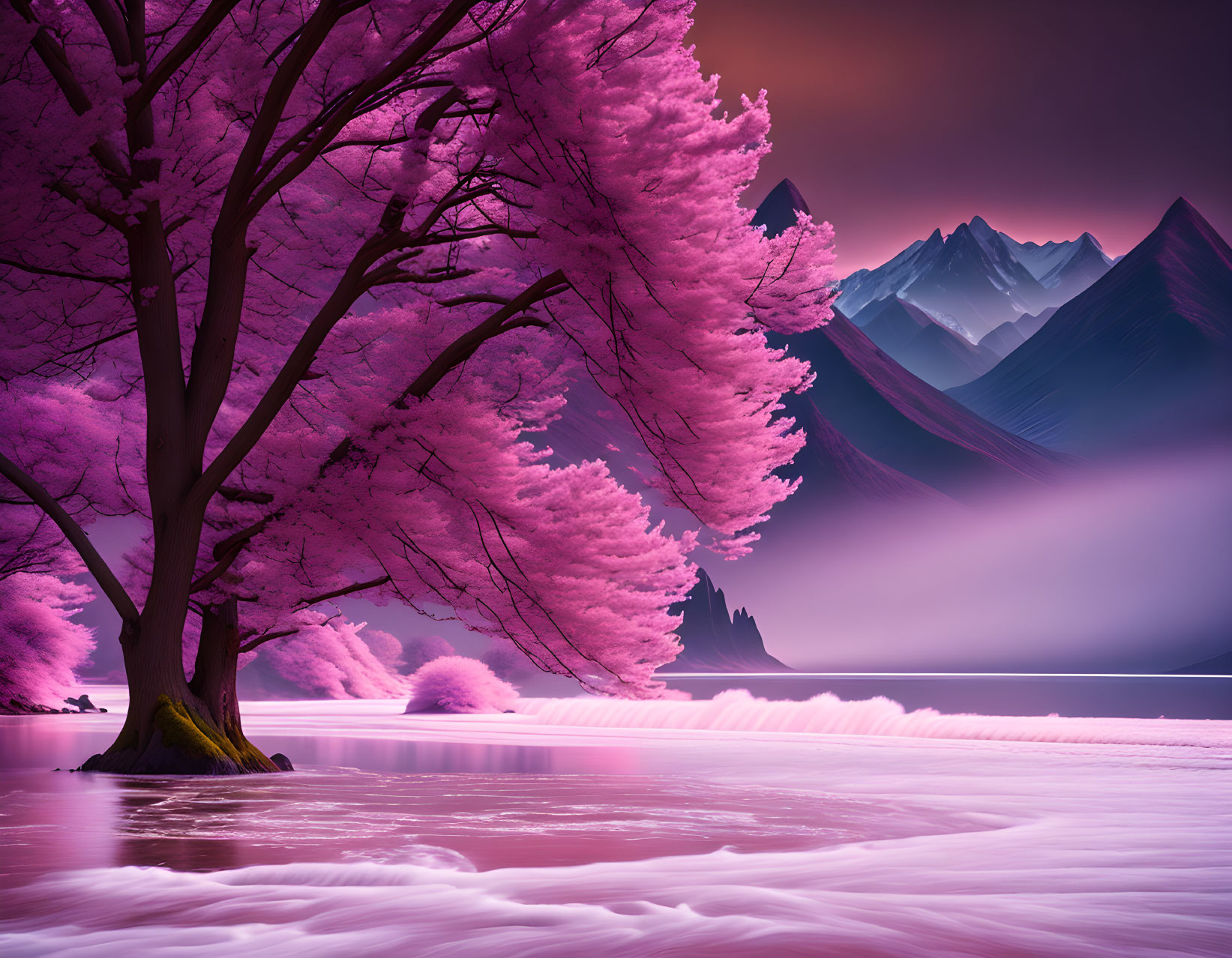 Scenic pink cherry blossom trees at serene lake with misty mountains and purple sky