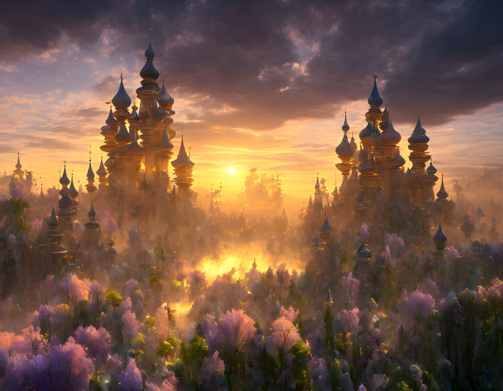 Majestic spired buildings in colorful misty forest at sunrise