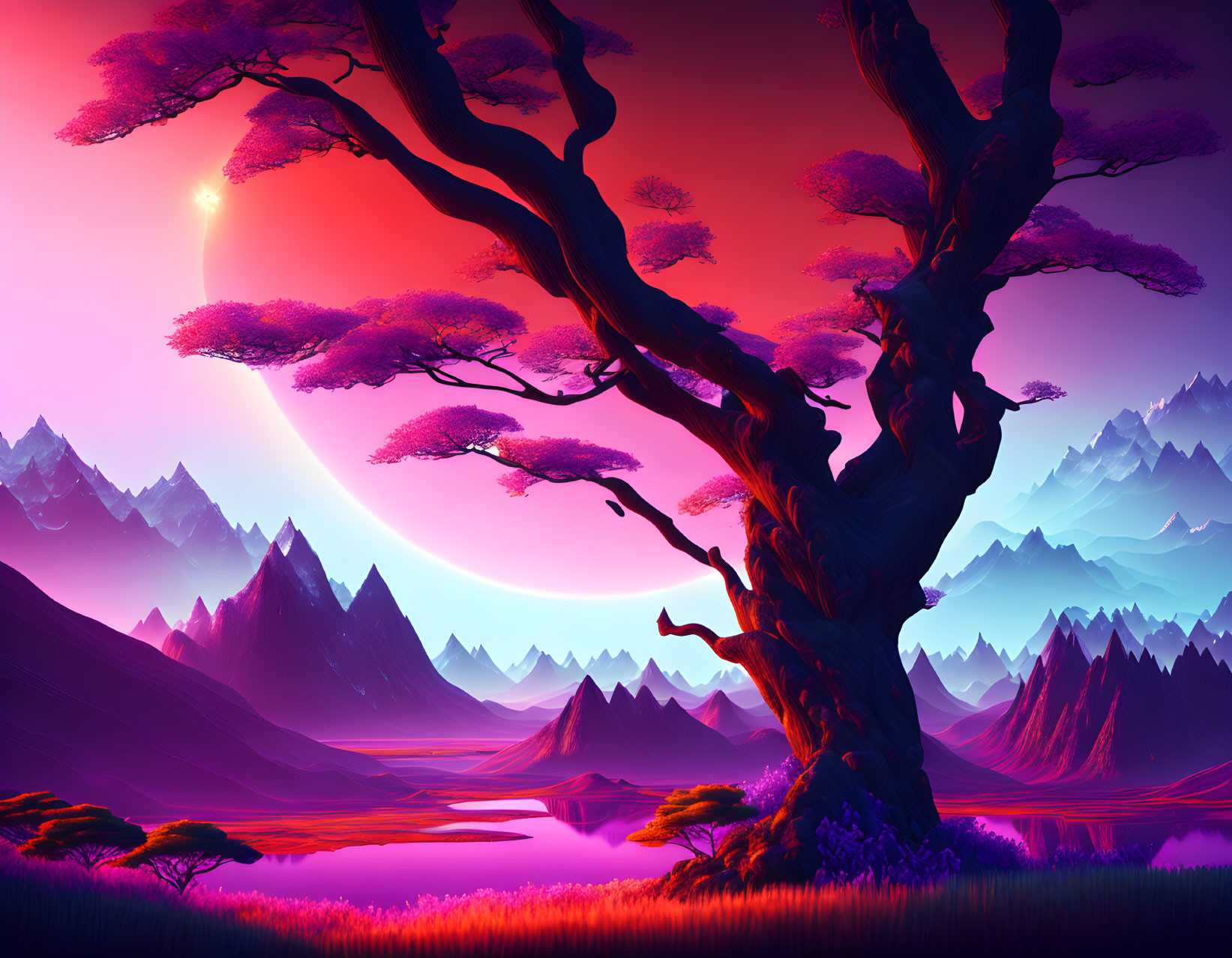 Surreal landscape digital artwork with majestic tree, pink mountains, day to night sky