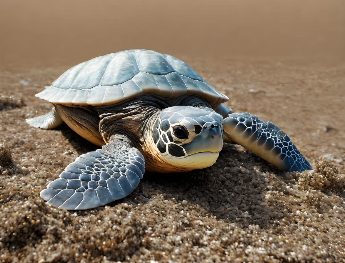 Sea Turtle on Beach with Flippers in Sand and Textured Shell