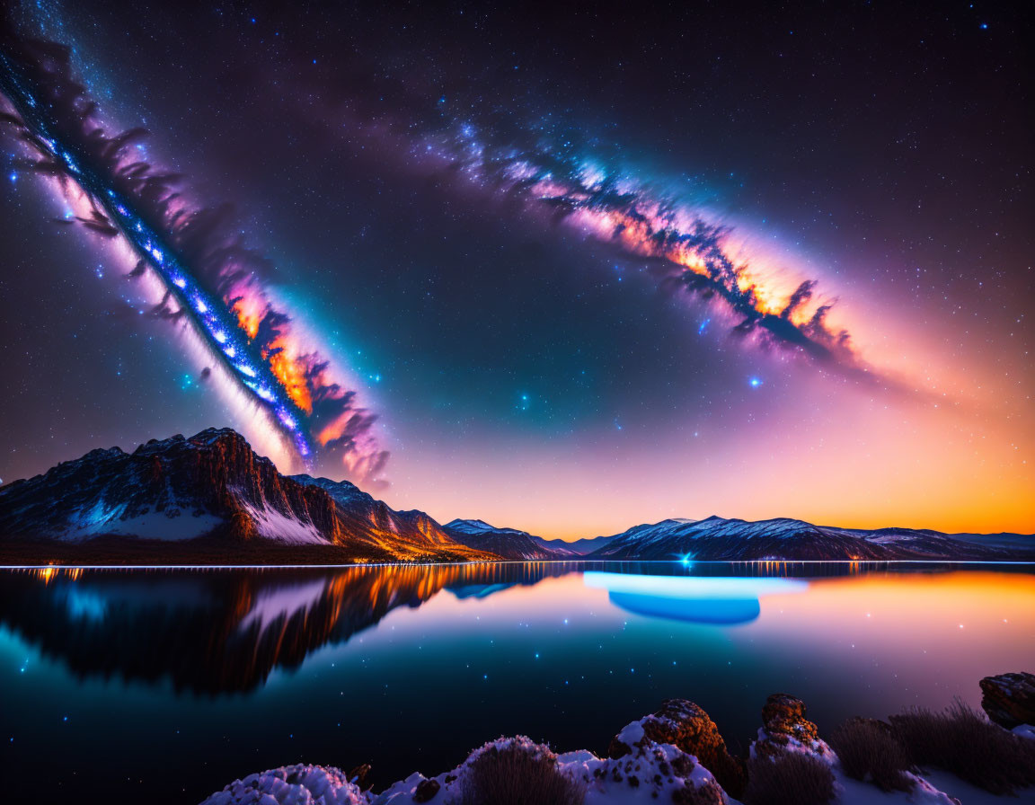 Starry night sky over serene lake with aurora lights