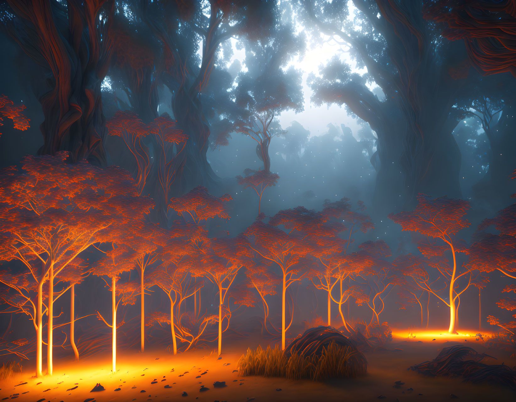 Enchanted forest with glowing mist and ancient trees