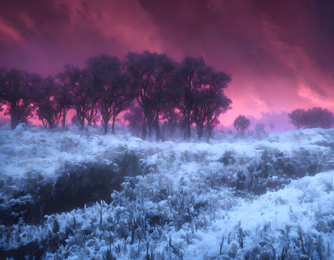 Mystical landscape with silhouetted trees under vibrant pink and purple sky