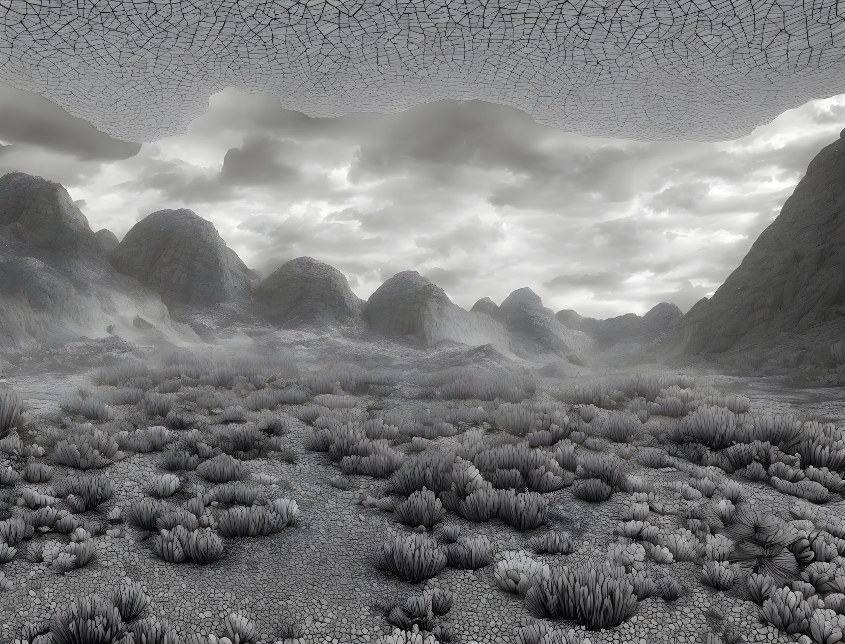 Monochrome surreal landscape with cracked textures and bush-like formations