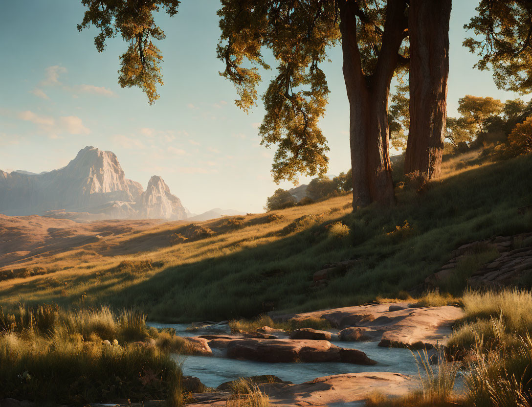 Tranquil landscape with stream, green grass, trees, and mountains