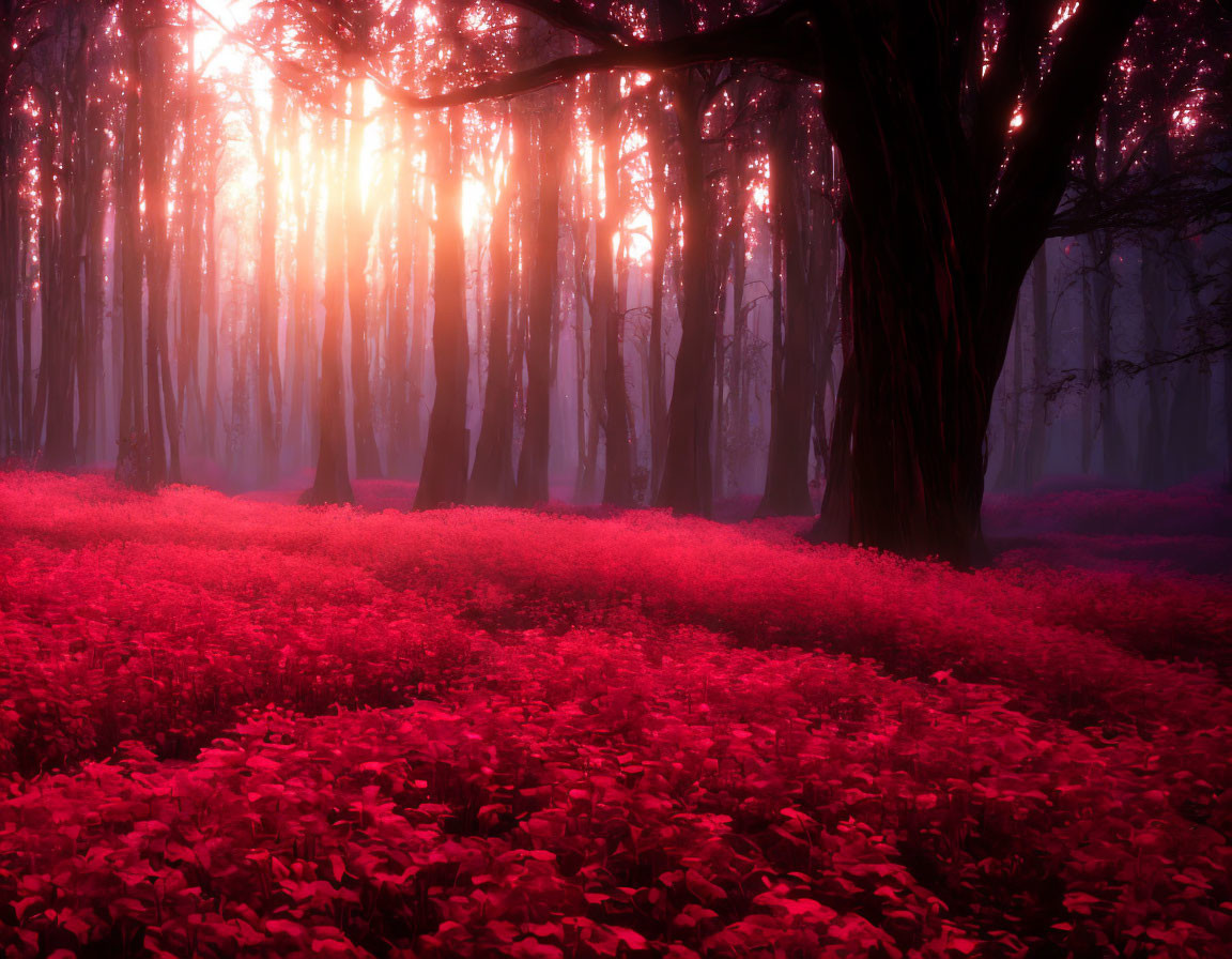 Enchanting forest scene with red foliage and pink-purple light